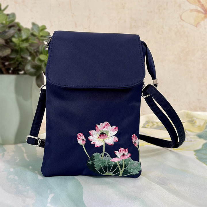 Buddha Stones防水ハンドメイド刺繍蓮の花クロスボディバッグショルダーバッグ携帯電話バッグ