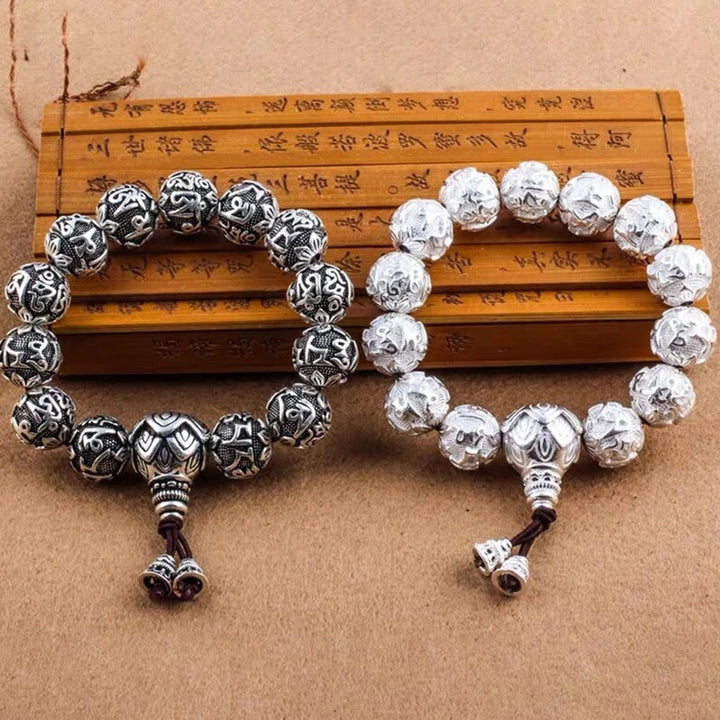 Buddha StonesチベットOm Mani Padme Hum彫刻 合金ビーズ お守り ブレスレット