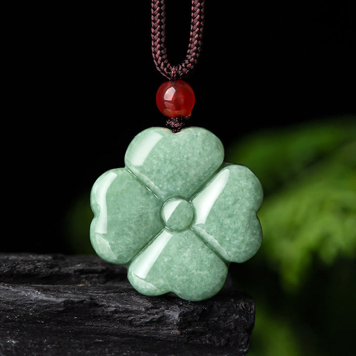Buddha Stones天然幸運四つ葉のクローバー翡翠繁栄ネックレスペンダント