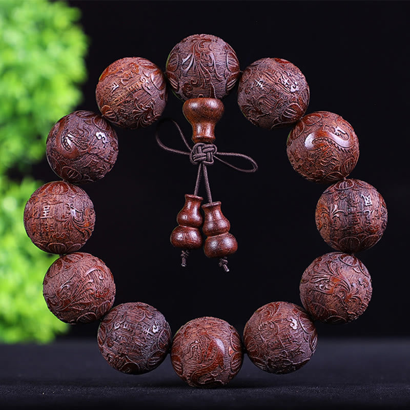 Buddha Stones、中国の十二支、ローズウッド、黒檀、銅貨、貔貅の彫刻、温もりのブレスレット