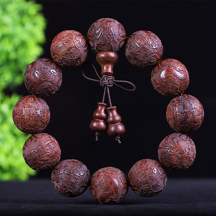 Buddha Stones、中国の十二支、ローズウッド、黒檀、銅貨、貔貅の彫刻、温もりのブレスレット