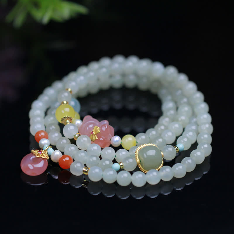 Buddha Stones天然和田翡翠ピンククリスタル平和バックル幸福豊穣ブレスレット