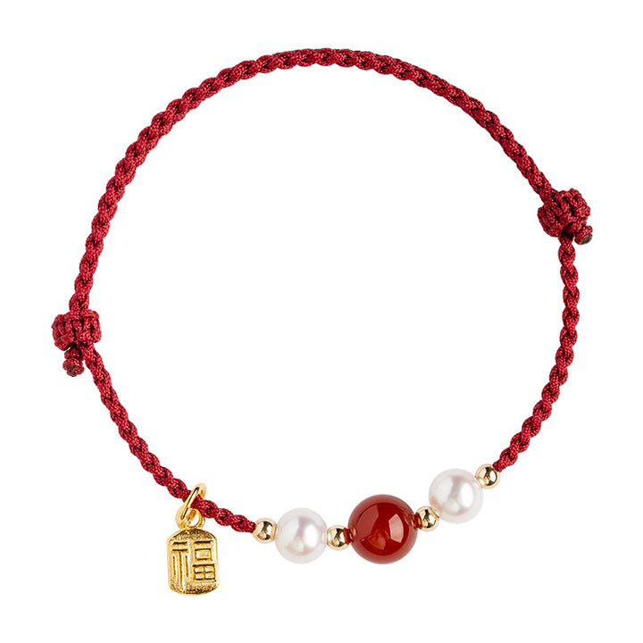 Buddha Stones925 スターリングシルバー 幸運の福の文字瑪瑙真珠 赤い紐編みブレスレット