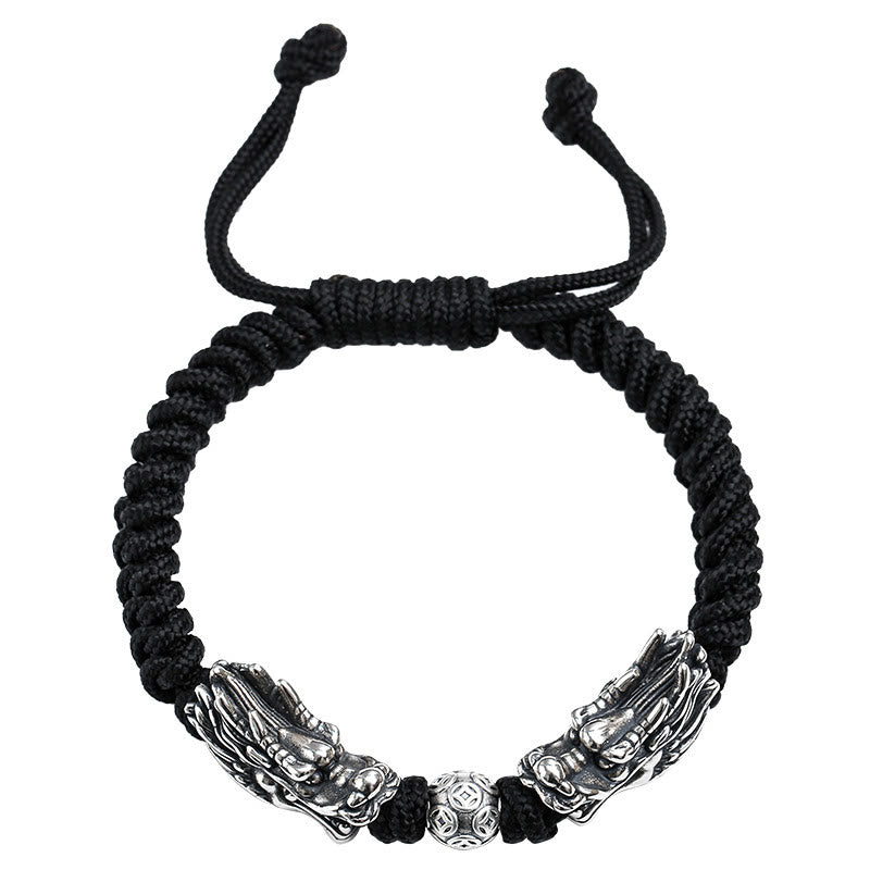 Buddha Stones999 スターリングシルバー ダブルドラゴン 幸運 ハンドメイド 編み込みブレスレット