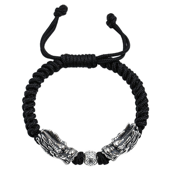 Buddha Stones999 スターリングシルバー ダブルドラゴン 幸運 ハンドメイド 編み込みブレスレット