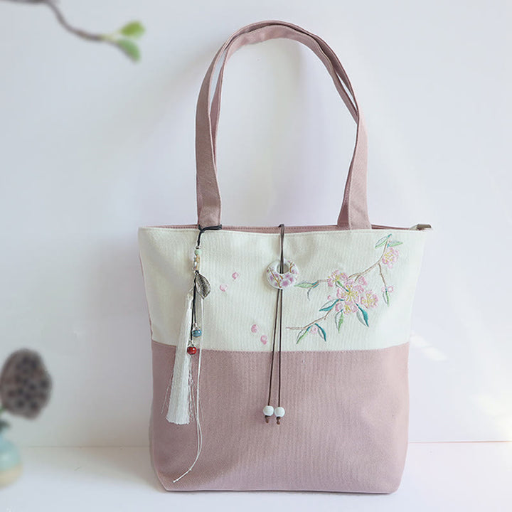 梨花 梅 桃の花 竹刺繍 キャンバス 大容量 ショルダーバッグ トートバッグ - ピンクホワイトピーチ - image 32