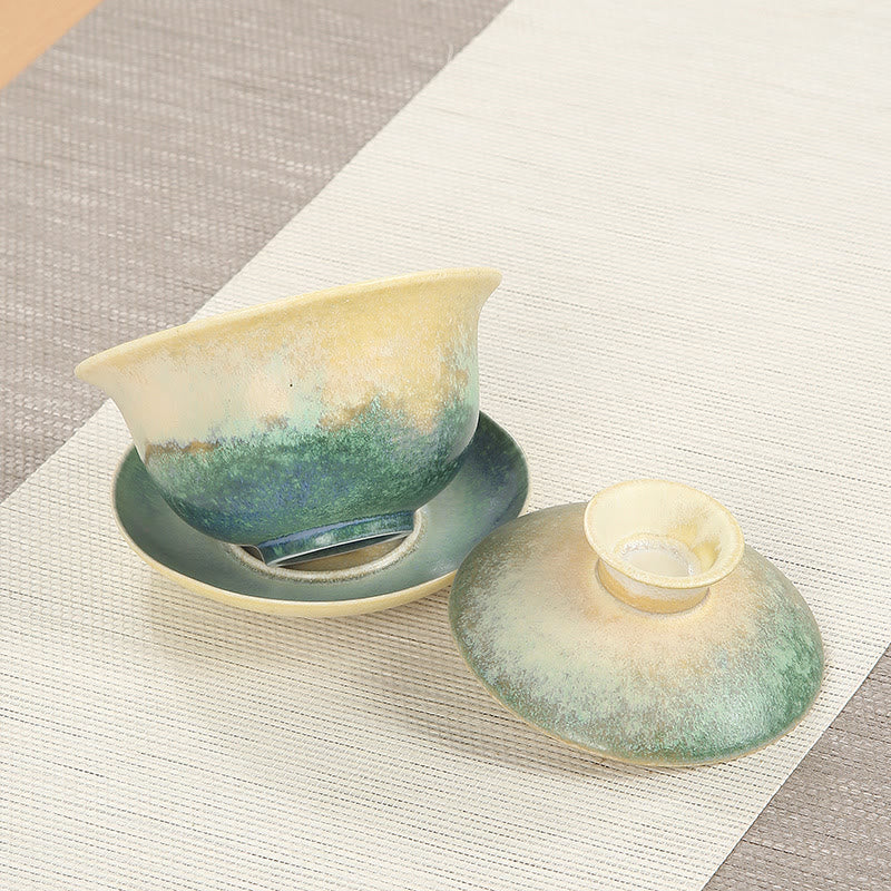 Buddha Stones緑の海の波模様 磁器 セラミック 蓋碗 三彩 ティーカップ カンフー ティーカップ ソーサー 蓋付き