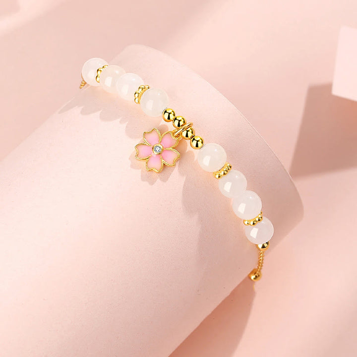 Buddha Stones 925スターリングシルバー 和田産白翡翠 桜守護ブレスレット