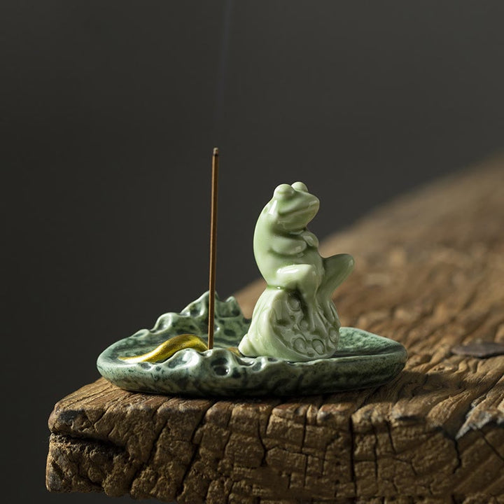 Buddha Stones葉 瞑想 カエル柄 癒し 陶器 香炉 装飾