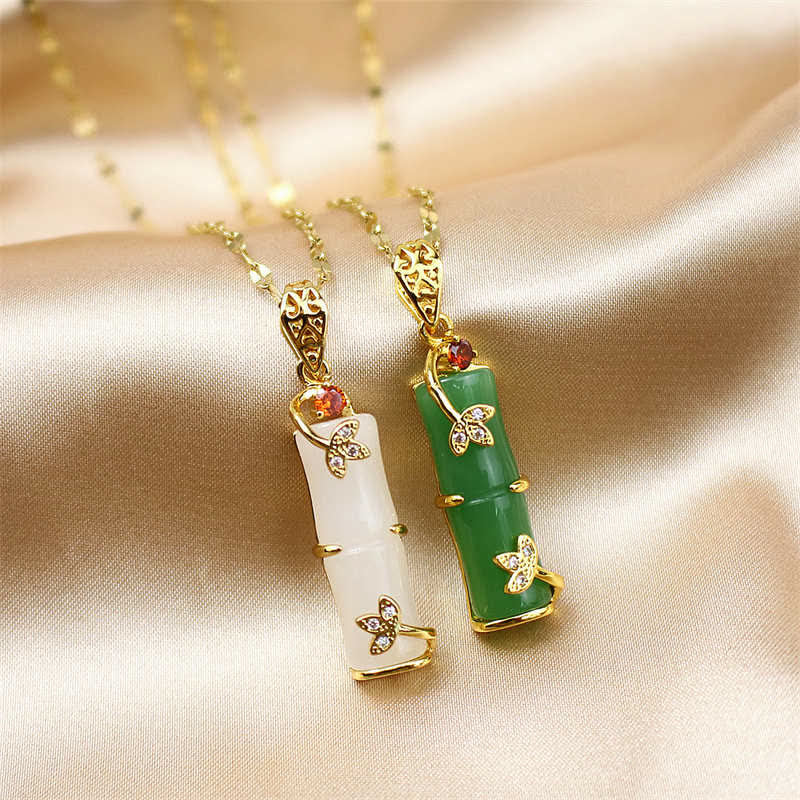 Buddha Stones 白翡翠と青翡翠 竹モチーフ 守護ネックレス（幸運のお守り）