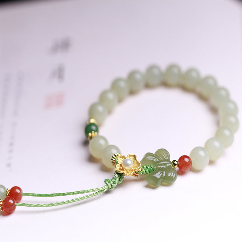 Buddha Stones925スターリングシルバー 翡翠 幸運の花 蝶 ブレスレット