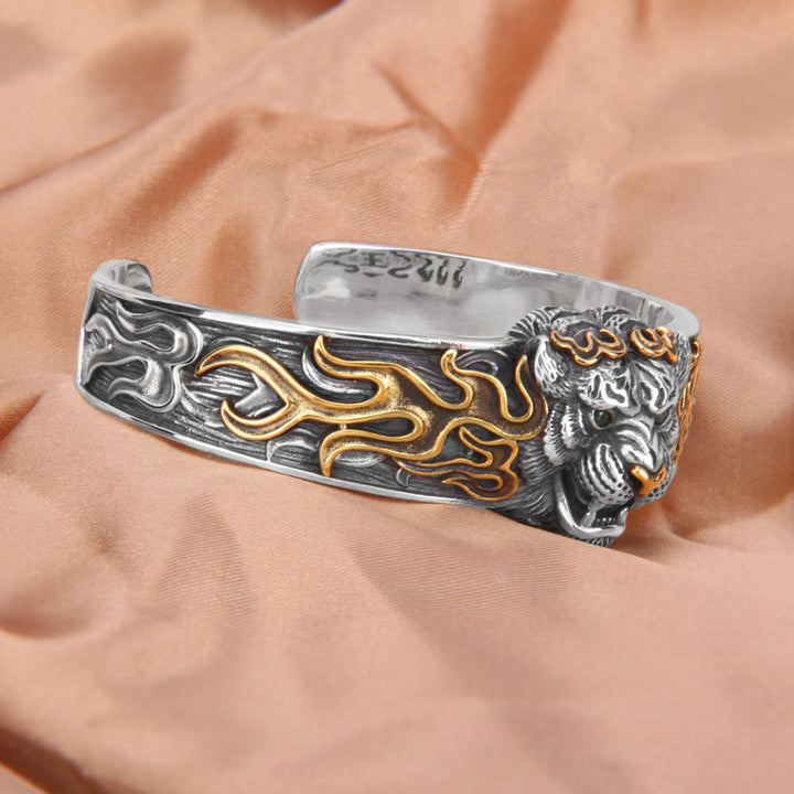 Buddha Stones925スターリングシルバー 中国十二支 虎 邪悪な霊を遠ざけるブレスレット バングル