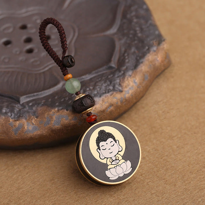 Buddha Stones黒檀木材ローズウッド仏観音菩薩Om Mani Padme Humバランス車のキーチェーン装飾