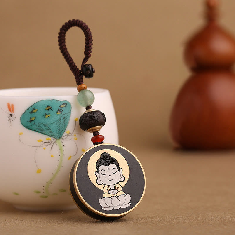 Buddha Stones黒檀木材ローズウッド仏観音菩薩Om Mani Padme Humバランス車のキーチェーン装飾