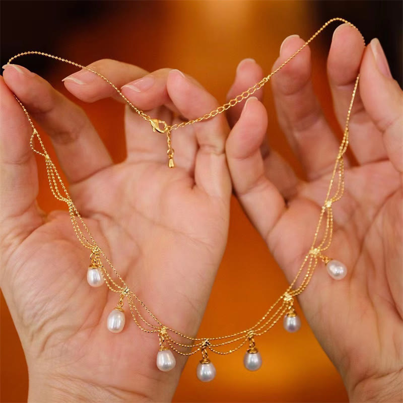 ヴィンテージ 14K ゴールドメッキ パールビーズ ヒーリング マルチレイヤー ネックレス ペンダント