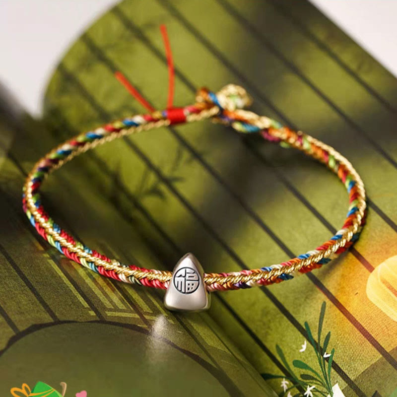 Buddha Stones925 スターリングシルバー 福文字粽柄 マルチカラーストリング 幸運 ハンドメイド 編み込みブレスレット