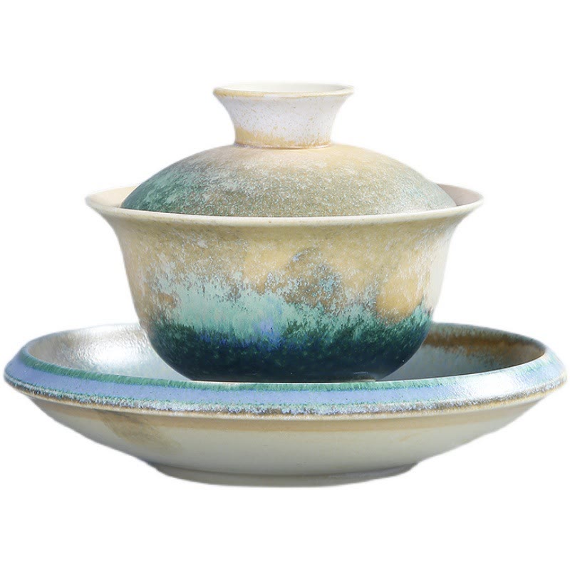 Buddha Stones緑の海の波模様 磁器 セラミック 蓋碗 三彩 ティーカップ カンフー ティーカップ ソーサー 蓋付き