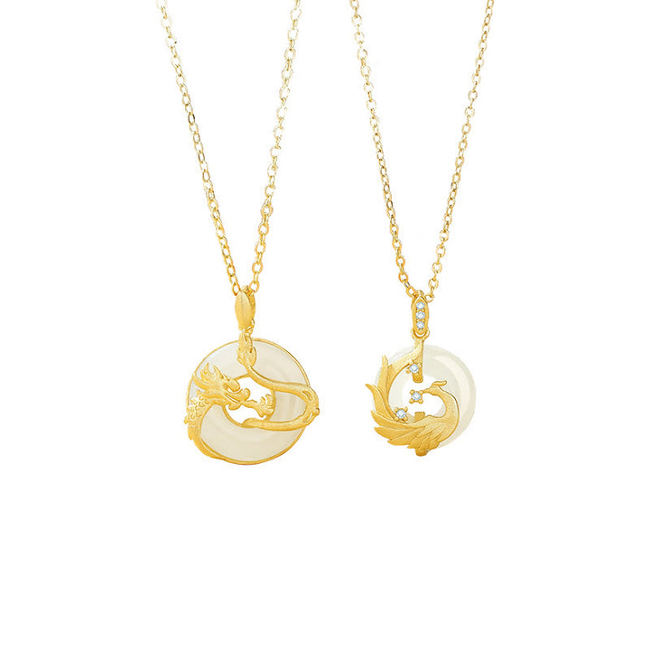 Buddha Stones925 スターリングシルバー 龍年 和田翡翠 ゴールデンドラゴン フェニックス 平和バックル 幸運ネックレスペンダント