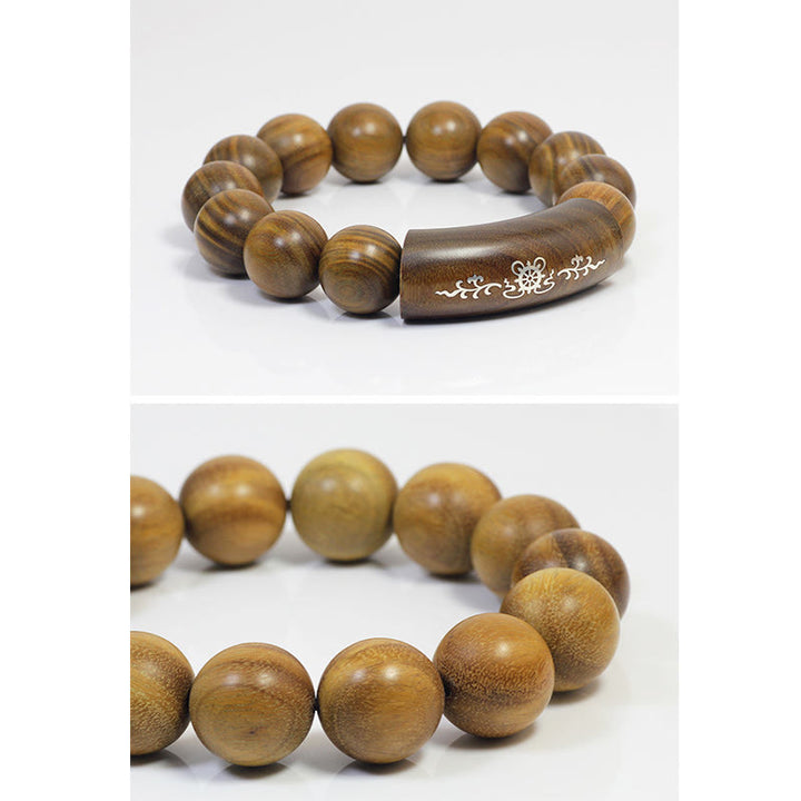Buddha Stones999 スターリングシルバー グリーンサンダルウッドオーム・マニ・パドメ・フムドラゴンフェニックス ダルマチャクラ象嵌 平和ブレスレット