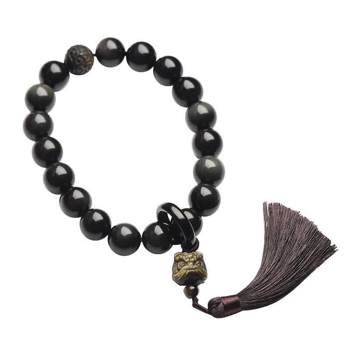 Buddha Stones天然黒曜石 ライオン 手首Mala保護 タッセル ポケットMala車 装飾
