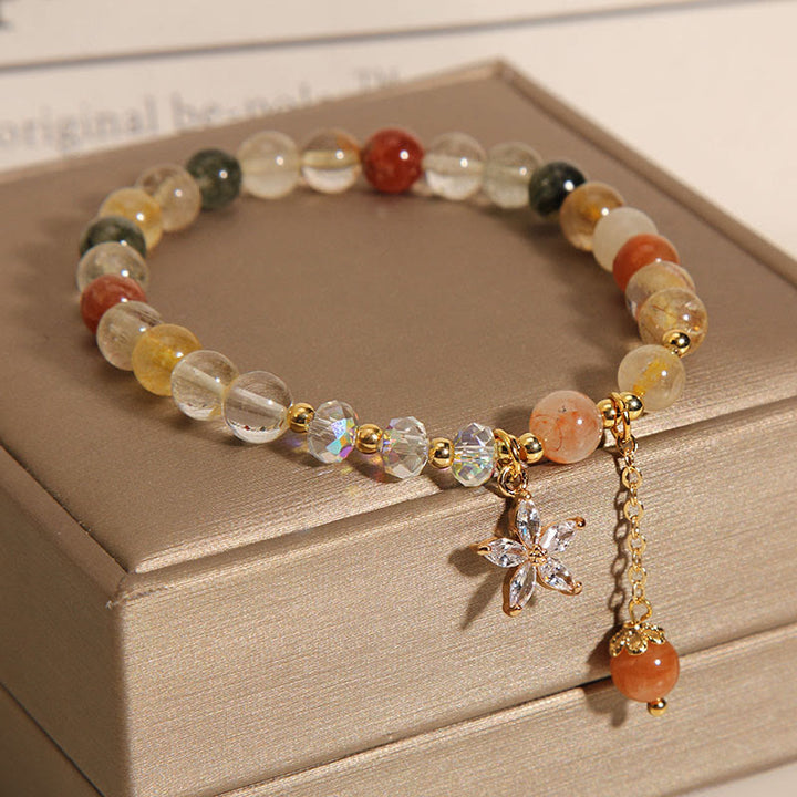 Buddha Stonesマルチカラー ルチルクォーツ 縁起物 ジルコン フラワー ブレスレット