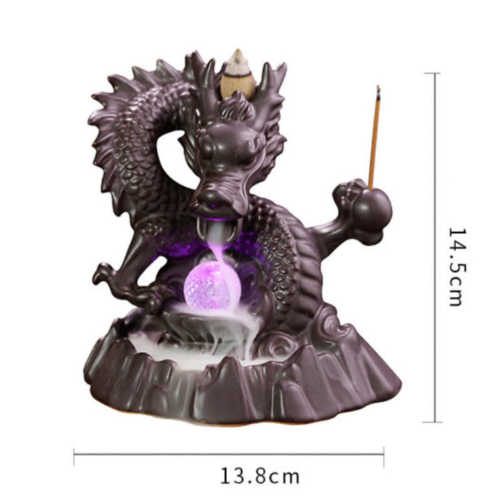 Buddha Stones縁起の良い龍 セラミック 逆流煙噴水 瞑想 癒し 香炉 LED ボール 装飾