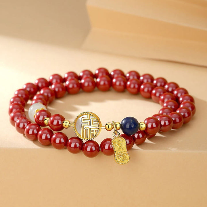 Buddha Stones 925スターリングシルバー 辰砂 シャコガイ フーキャラクター ダブルラップ 祝福ブレスレット