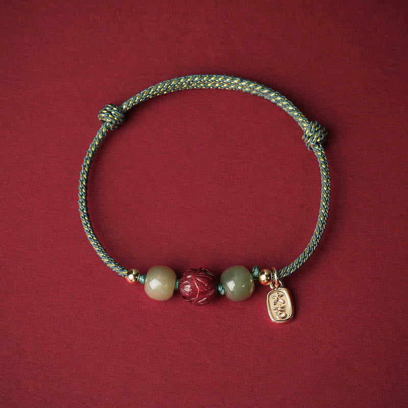 Buddha Stones14K ゴールドメッキ 和田翡翠 辰砂 蓮華 幸運 手作り ロープブレスレット - シアンロープ（手首周り13～18cm） - image 11