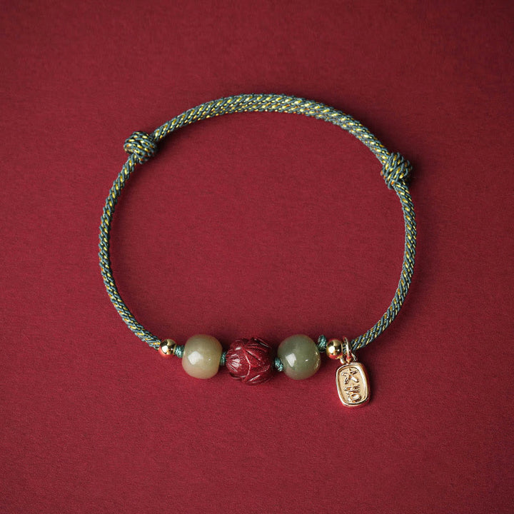 Buddha Stones14K ゴールドメッキ 和田翡翠 辰砂 蓮華 幸運 手作り ロープブレスレット - シアンロープ（手首周り13～18cm） - image 11
