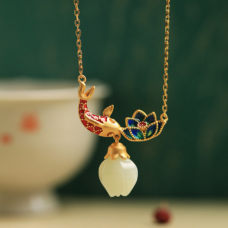 Buddha Stones925 スターリングシルバー ホワイトジェイド 鯉 蓮 守護 ネックレス ペンダント - 白翡翠（守護 ♥幸せ） - image 1