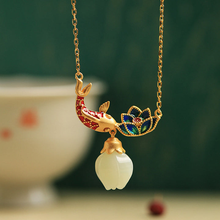 Buddha Stones925 スターリングシルバー ホワイトジェイド 鯉 蓮 守護 ネックレス ペンダント - 白翡翠（守護 ♥幸せ） - image 1