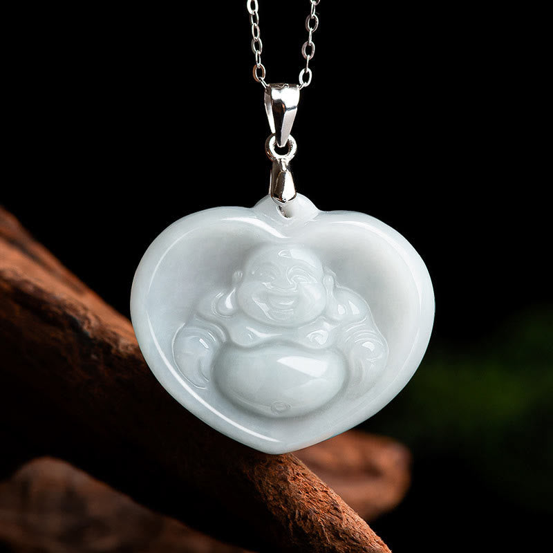 Buddha Stones925スターリングシルバー 笑う仏陀 白翡翠 幸運の祝福ネックレスペンダント - 白翡翠（守護♥幸せ） - image 1