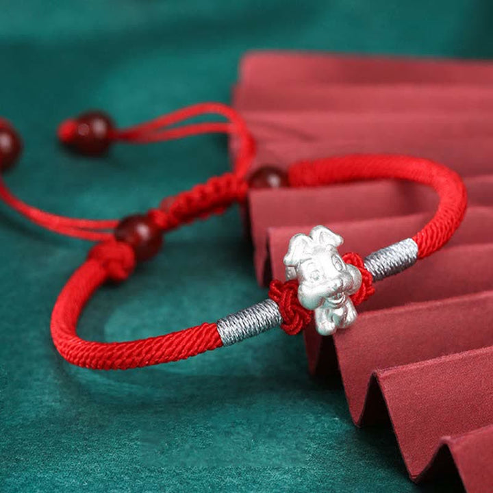 Buddha Stones999スターリングシルバー 中国十二支 幸運 強さ赤紐ブレスレット