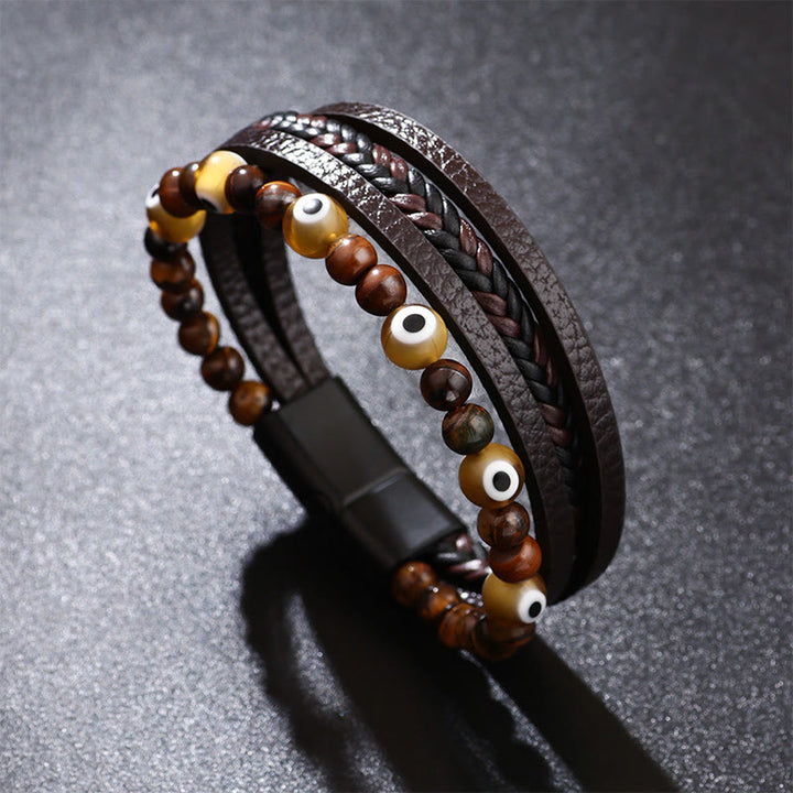 Buddha Stones邪眼 タイガーアイ 守護 ビーズ 多層編みブレスレット
