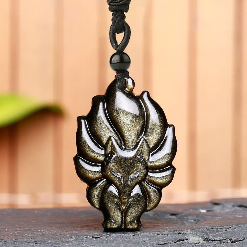 Buddha Stones天然蛍石ゴールド光沢黒曜石フォックスペンダント保護ネックレス