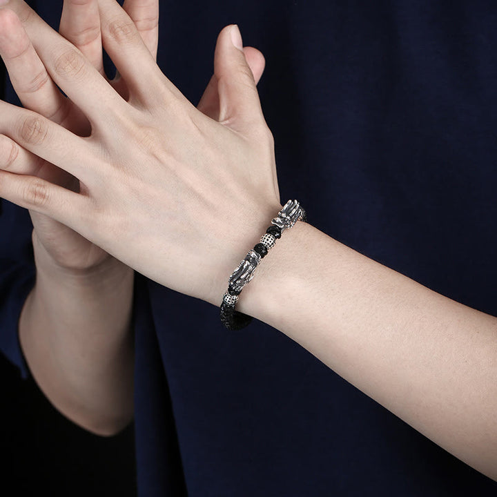 Buddha Stones999 スターリングシルバー ダブルドラゴン 幸運 ハンドメイド 編み込みブレスレット