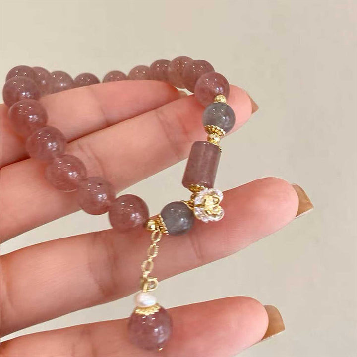 Buddha Stones天然ストロベリークォーツ ジルコンフラワー ポジティブチャームブレスレット
