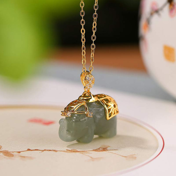 Buddha Stones925スターリングシルバー 翡翠象の幸運の祝福ネックレスチェーンペンダント
