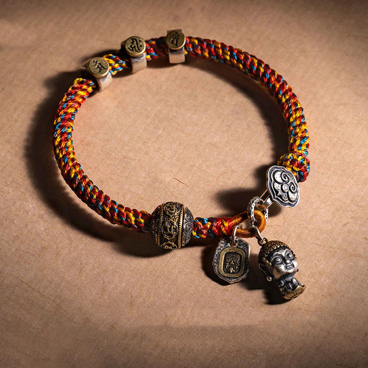 Buddha Stonesハンドメイド チベット 925 スターリングシルバー十二支誕生仏ザキラム 富の守護女神 マルチカラー ロープ編みブレスレット