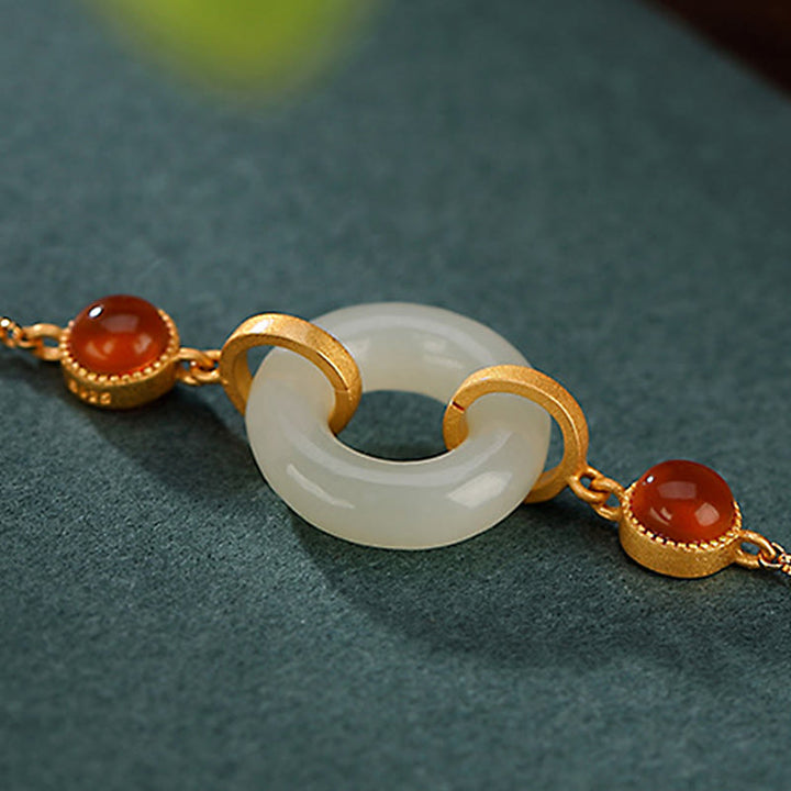 Buddha Stones 925スターリングシルバー ゴールドメッキ 天然和田翡翠 平和バックル 赤瑪瑙 幸運ブレスレット