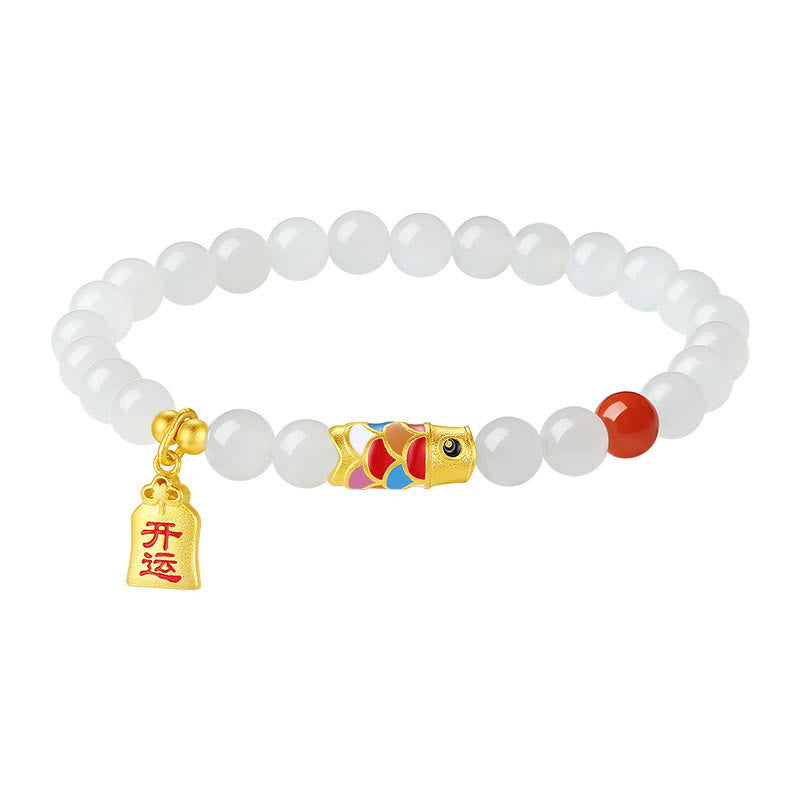 Buddha Stones925 スターリングシルバー 和田白翡翠 赤瑪瑙 鯉 幸運 幸福 ブレスレット