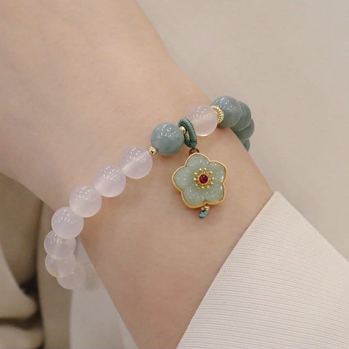 Buddha Stones白瑪瑙 翡翠 蓮の花 平和バックル 守護ブレスレット