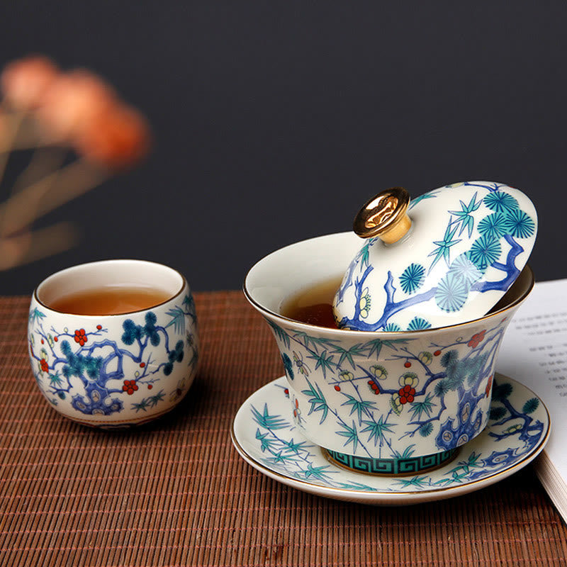 Buddha Stonesレトロ梅花松竹鳳凰麒麟陶器蓋碗三彩ティーカップカンフーティーカップ＆ソーサー蓋付き