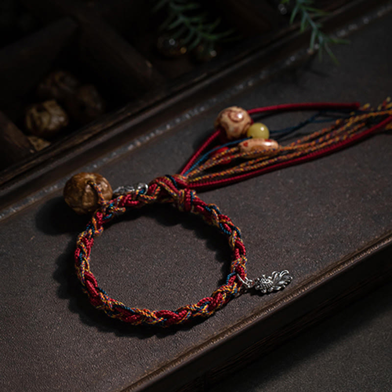 Buddha Stonesチベット手作りカラフルな糸925スターリングシルバー鯉魚保護強度ストリングブレスレット