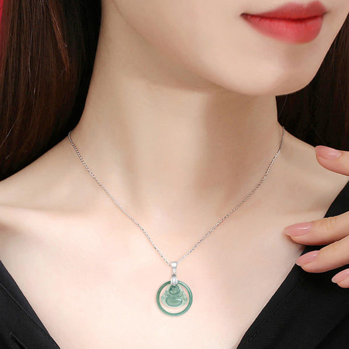 Buddha Stones925スターリングシルバー 天然翡翠 ラウンド 笑い仏 豊穣 チェーンネックレス ペンダント