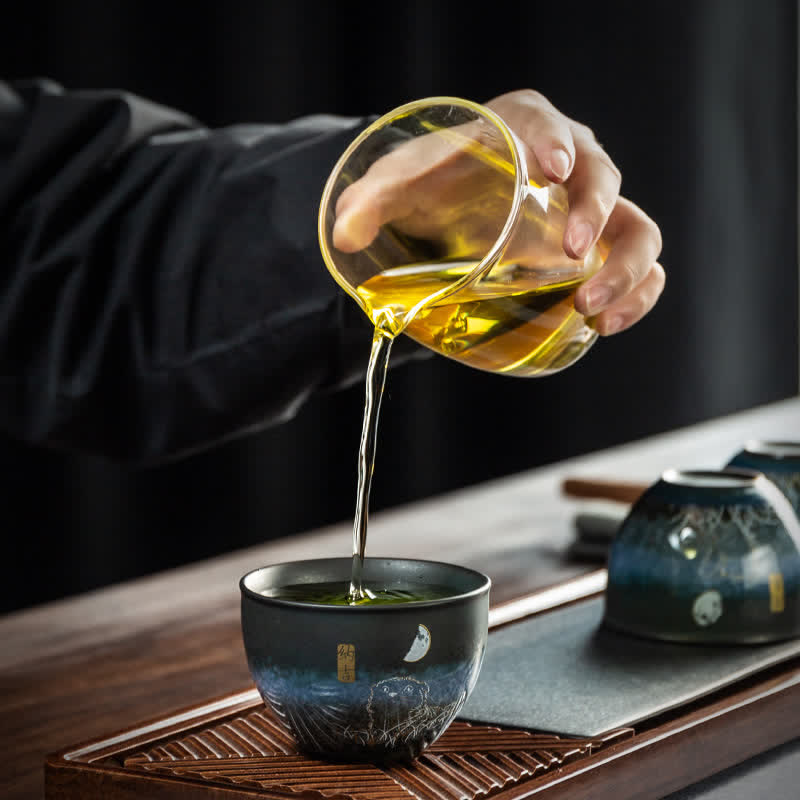 Buddha Stones陶器ティーカップ 愛らしい猫 ブラックティーカップ 140ml