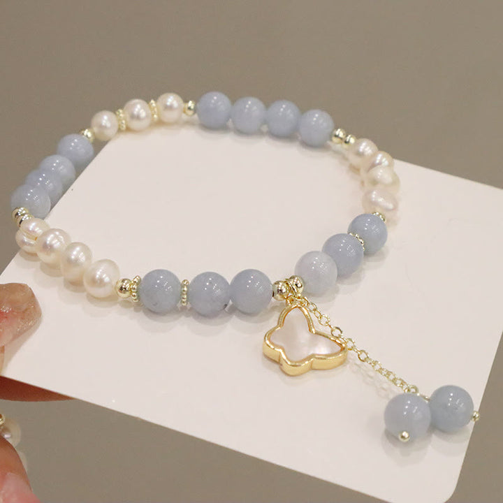 Buddha Stones天然アクアマリンパール ヒーリング イチョウの葉 バタフライ チャームブレスレット