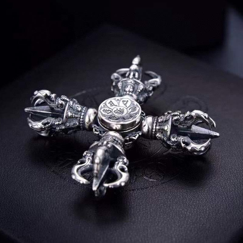 Buddha Stonesチベット 925 スターリングシルバー ダブルドルジェ ヴァジュラ 彫刻 スピリチュアルパワーペンダント
