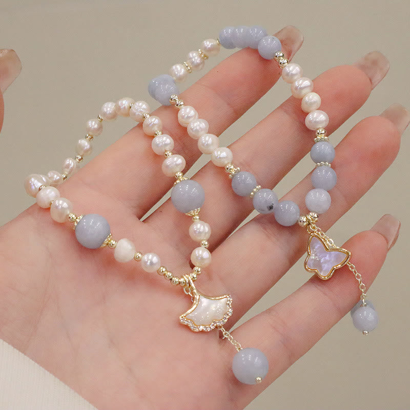 Buddha Stones天然アクアマリンパール ヒーリング イチョウの葉 バタフライ チャームブレスレット