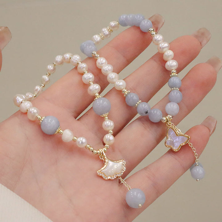 Buddha Stones天然アクアマリンパール ヒーリング イチョウの葉 バタフライ チャームブレスレット